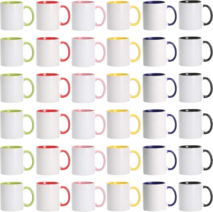 11oz White Ceramic Sublimation Coffee Mug With Solid Colors Inside and Handle, Mixed 6 Colors of Black, Red, Blue, Yellow, Green and Pink, Case of 36