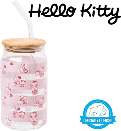 Silver Buffalo Sanrio Hello Kitty Strawberry Milk Pink Glass Jar Tumbler with Bamboo Lid and Glass Straw, 16 Ounces