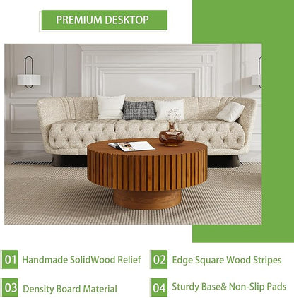 Handmade Round Grooved Drum-Shaped Coffee Table、Rustic Modern Circular Centerpiece for Living Room & Farmhouse Decor、Easy to Clean (D Wood 31in)