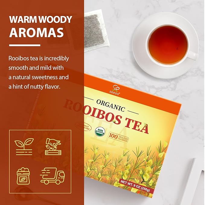 Soeos Organic Rooibos Tea, 100 Teabags, Naturally Caffeine Free, USDA and Non GMO Certify, Smooth and Robust Flavor, Excellent for Hot or Iced Brew, 9oz (250g)