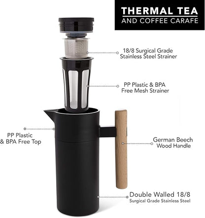 Hastings Collective Thermal Coffee Carafe 40 Oz - Stainless Steel Double Walled Vacuum Insulated Carafe - 1 Liter Thermal Coffee Pot Thermos, Travel Size Beverage Dispenser with Tea Infuser (Black)