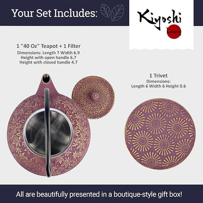 Large Japanese Cast Iron Teapot Capacity 40Oz with Trivet and Loose Leaf Tea Infuser, Cast Iron Tea Kettle Stovetop Safe. Tetsubin Coated with Enamel Interior - Purple Teapot