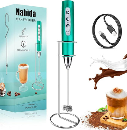 Nahida Rechargeable Milk Frother Wand for Coffee Include Stand - Turquoise