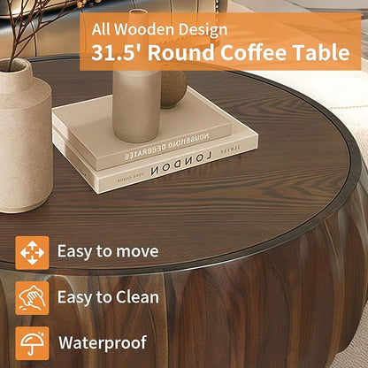 31.5" Round Coffee Table Drum Table Contemporary Wood Fluted Centry Table with Solid Wood Veneer for Living Room (Walnut)