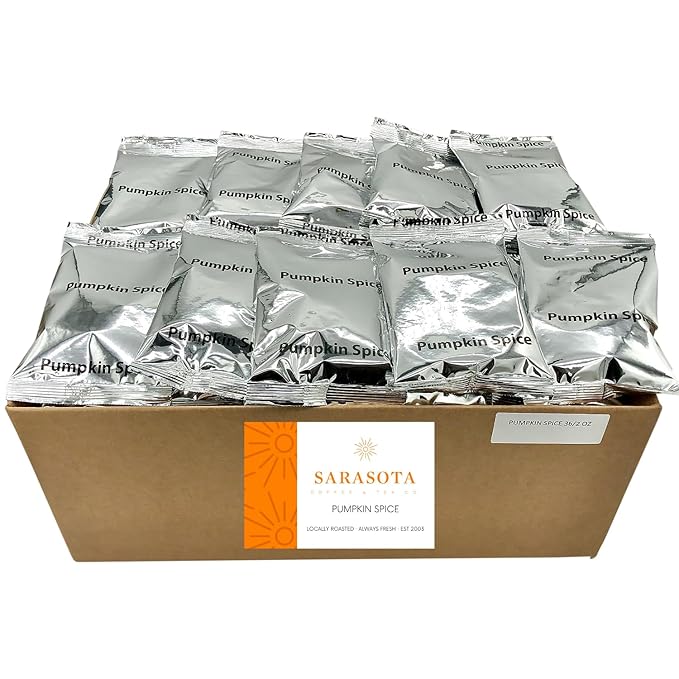 Sarasota Coffee Ground Packets | Gourmet Flavored Medium Roast Bulk Coffee Packs | Pumpkin Spice | Low Acid Mold Free Singles Individual Pouches for 12 Cup Coffee Maker | 2 Ounce Bags, 36 Count