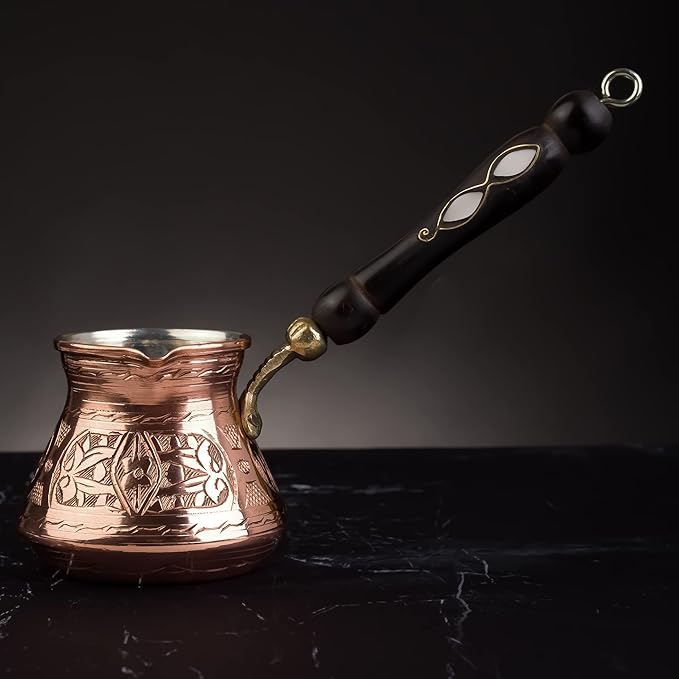 BCS 18 Oz X-Large Copper Turkish Greek Arabic Coffee Pot with Wooden Handle (6 servings) Cezve Ibrik Briki Stovetop Coffee Maker (Includes Wooden Spoon)