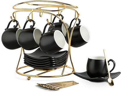 LYEOBOH Espresso Cups with Saucers Set, 3 Ounces Porcelain Coffee Cups with Metal Stand and Spoons, Cappuccino Cups Cute Demitasse Cups for Coffee Drinks, Latte, Tea Set of 6, Black