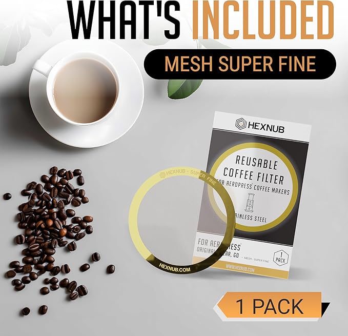 HEXNUB - Reusable Metal Filter for AeroPress Coffee Maker, Stainless Steel Filter Fits AeroPress Original & Go Coffee Press, Fuller Bodied Coffee Than Paper Filters - GOLD MESH