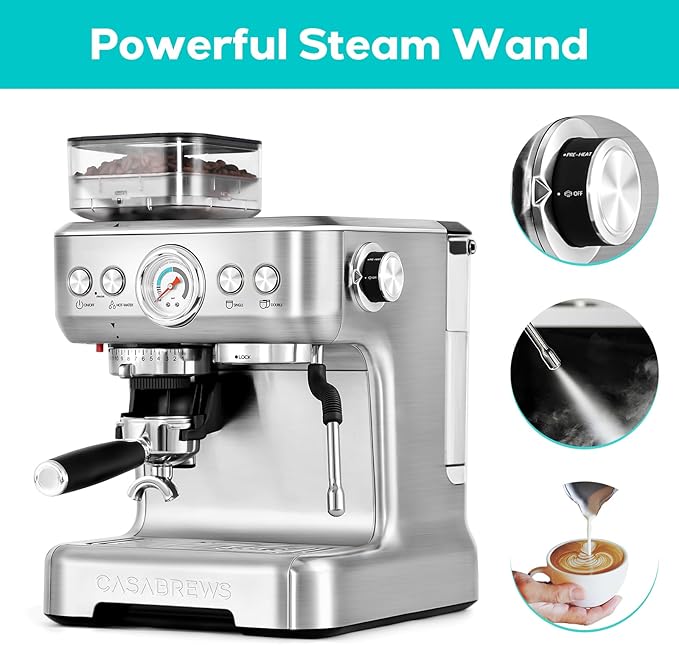 CASABREWS 5700Gense Espresso Machine with Grinder, Barista-Style Cappuccino Maker with Milk Frother Steam Wand, Professional Coffee Maker with Removable Water Tank for Cappuccinos and Lattes