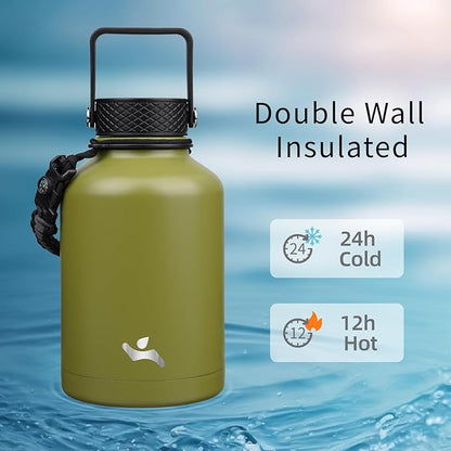 Insulated Water Bottle with Straw,50 oz 3 Lids Water Jug with Carrying Bag,Paracord Handle,Double Wall Vacuum Stainless Steel Metal Flask,Forest Green