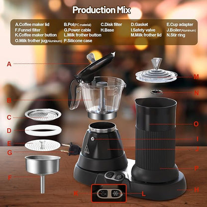 Electric Espresso Machine with Milk Frother 2 in 1 Efficient Moka Pot Coffee Maker with Milkfroth Aluminum One-Touch Operation for Effortless Cappuccinos Lattes Macchiatos Black