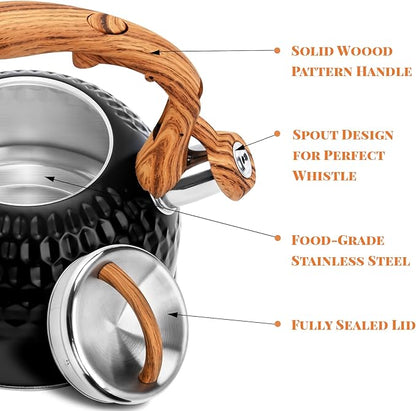 Whistling Teapot, 2.6 Qt 304 Food Grade Stainless Steel Tea Kettle with Heat-resistant Handle, Durable, not Rust，One-button Switch(BLack）