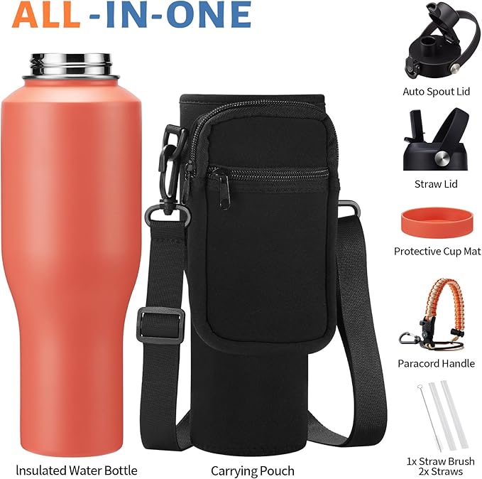 Insulated Water Bottle 40 oz with Straw - Water Bottle with Straw Lid, Pop-up Lid & Carrier Bag, Metal Coffee Cup Travel Mugs Insulated for Hot 24h and Cold 48h