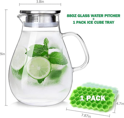 88OZ Glass pitcher with lid and Spout，High Heat Resistance Pitcher water jug for Hot/Cold Water & Iced Tea Wine Coffee Milk and Juice Beverage Carafe with Ice Tray (2.6L)