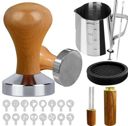 22 PCS Coffee Espresso Tamper Set, 51mm Espresso Accessories with Espresso Tamper, WDT Tool, Coffee Stirrer, Frothing Pitcher, Latte Art Pen, Tamper Mat, Coffee Stencils for Espresso Machine