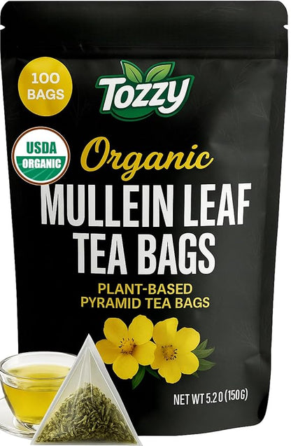 Tozzy Organic Mullein Tea - 100 Count | Pyramid Tea Bags (Plant-Based & Eco-conscious) | Supports Lung Health & Respiratory Wellness | Pure Ingredients