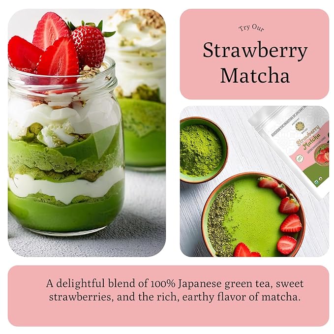 Ancient Roots Strawberry Matcha Powder 3.5 oz Japanese Green Tea with Real Strawberry Freeze Dried Fruit Powder No Added Sugar, Filled with Antioxidant Rich Superfood for Lattes, Smoothies & Baking - 25 Servings