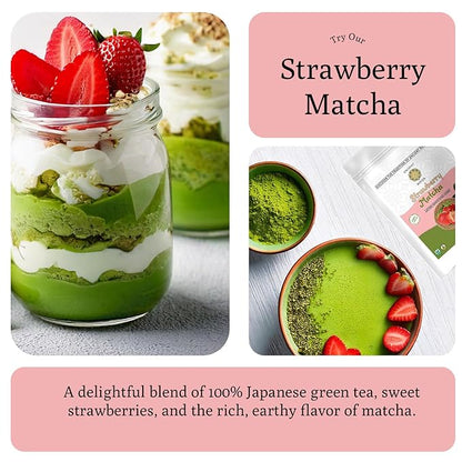 Ancient Roots Strawberry Matcha Powder 3.5 oz Japanese Green Tea with Real Strawberry Freeze Dried Fruit Powder No Added Sugar, Filled with Antioxidant Rich Superfood for Lattes, Smoothies & Baking - 25 Servings