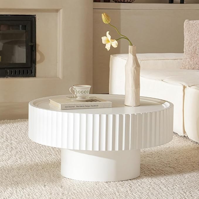 Round Coffee Table, Modern Living Room Tables with Mushroom Shape and Grooved Design, Circle Accent Pinewood Center Table for Living Room, Apartment (White, 31.8''L×14.9''H)