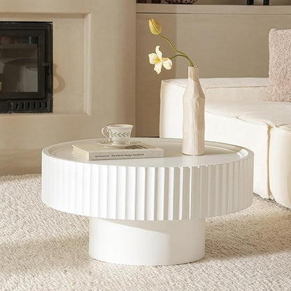 Round Coffee Table, Modern Living Room Tables with Mushroom Shape and Grooved Design, Circle Accent Pinewood Center Table for Living Room, Apartment (White, 31.8''L×14.9''H)