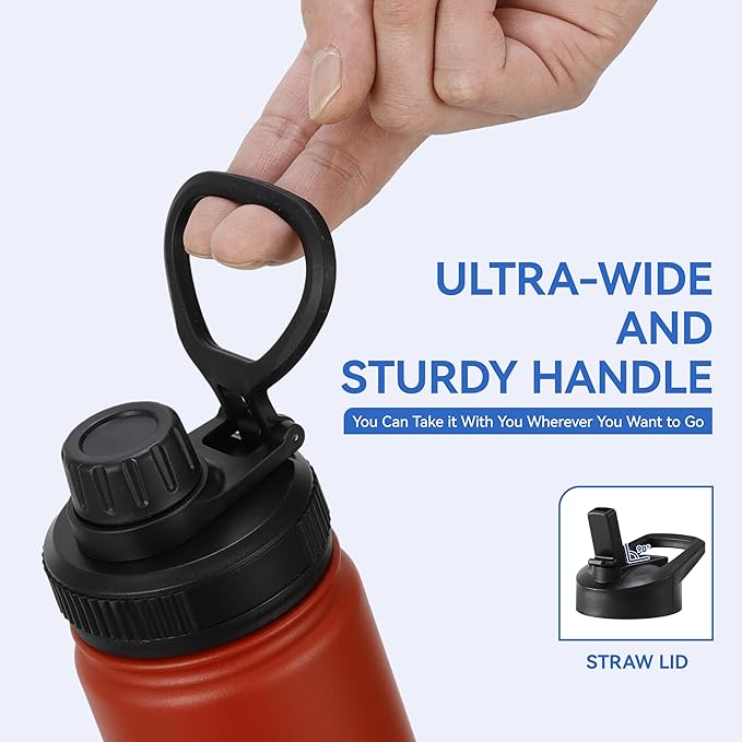 DOMICARE 16 oz Kids Water Bottle for School Stainless Steel Double Wall Vacuum Insulated Water Bottle with Straw lids & Spout Lid, Leakproof BPA Free (Red,8)