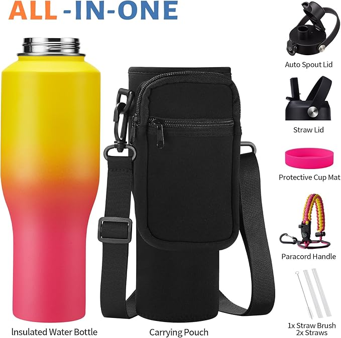 Insulated Water-Bottle 40 oz Tumbler - Fits in Any Cup Holder, Keep Cold 48H Hot 24H, Stainless Steel Water bottle with Straw, Spout Lid, Paracord Handle, Carrier Bag, Silicon Boot for Road Trip