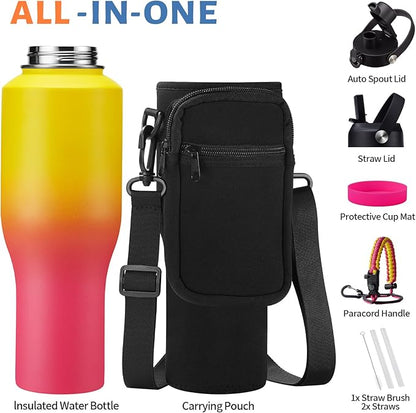 Insulated Water-Bottle 40 oz Tumbler - Fits in Any Cup Holder, Keep Cold 48H Hot 24H, Stainless Steel Water bottle with Straw, Spout Lid, Paracord Handle, Carrier Bag, Silicon Boot for Road Trip