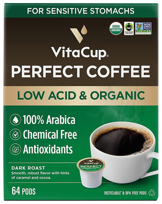VitaCup Perfect Low Acid Coffee Pods, USDA Organic & Fair Trade, Mycotoxin Free, Dark Roast Guatemala Single Origin, Clean & Pure Recyclable Single Serve Pod compatible w/Keurig K-Cup Brewers,64 CT
