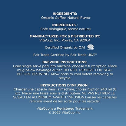 VitaCup Perfect Blueberry Flavored Low Acid Coffee Pods, Organic, Fair Trade, Dark Roast Single Origin from Guatemala, Clean & Pure, Recyclable Single Serve Pods, 16 Ct