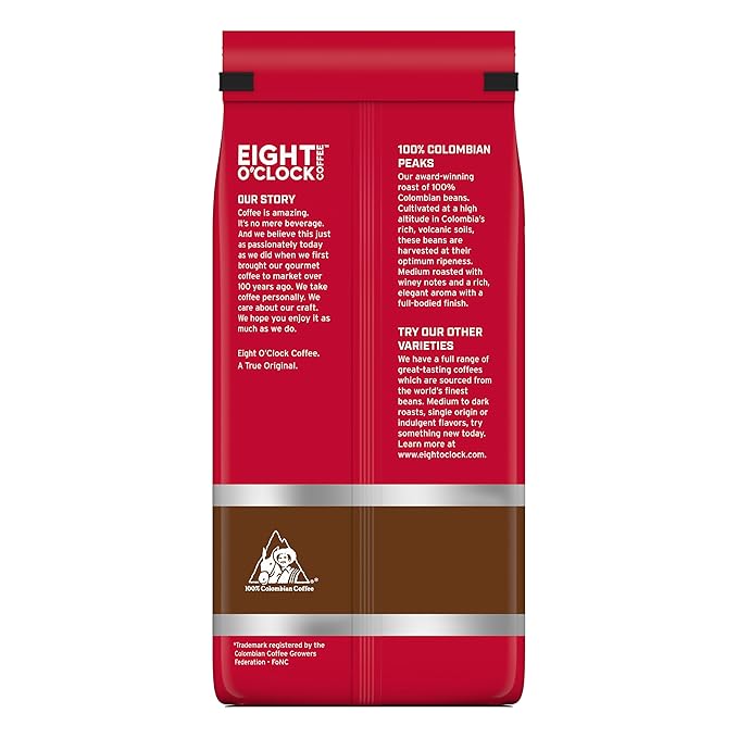 Eight O'Clock Coffee 100% Colombian Peaks Whole Bean Coffee, Medium Roast, 30 Ounce (Pack of 1) - Rich, Winey & Full Bodied
