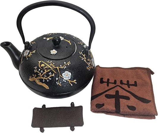 Cast Iron Teapot SECHUDO Teapot for Stovetop Safe Coated with Enameled Interior,Japanese Beautiful Tea Kettle with Stainless Steel Infuser for Loose Tea (60.9oz Plum Blossoms and Bird Pattern)