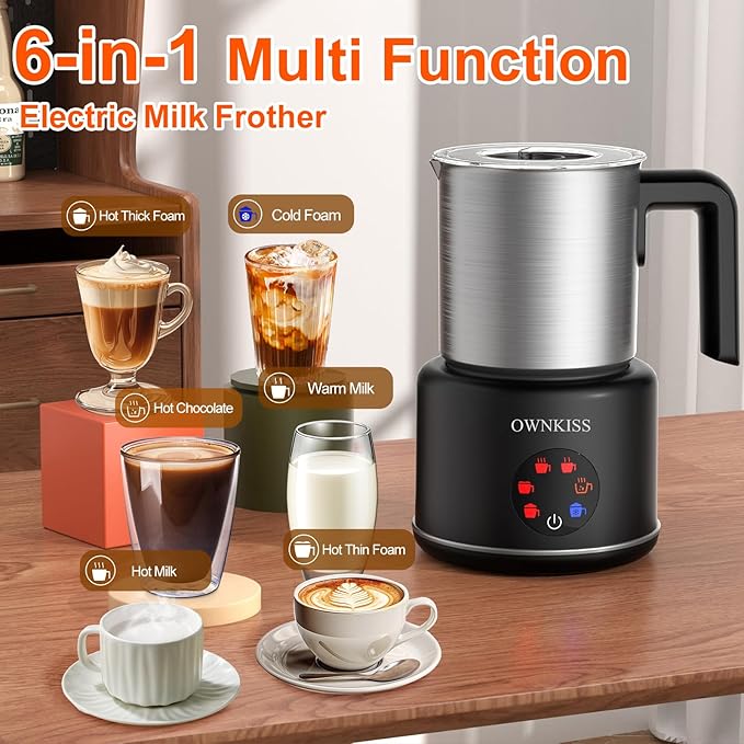 Milk Frother and Steamer, 6-in-1 Electric Milk Frother for Latte Art Coffee，Automatic Hot & Cold Foam Maker and Milk Warmer for Dairy & Plant-based Milk 16.9oz/500ml,Easy to Clean