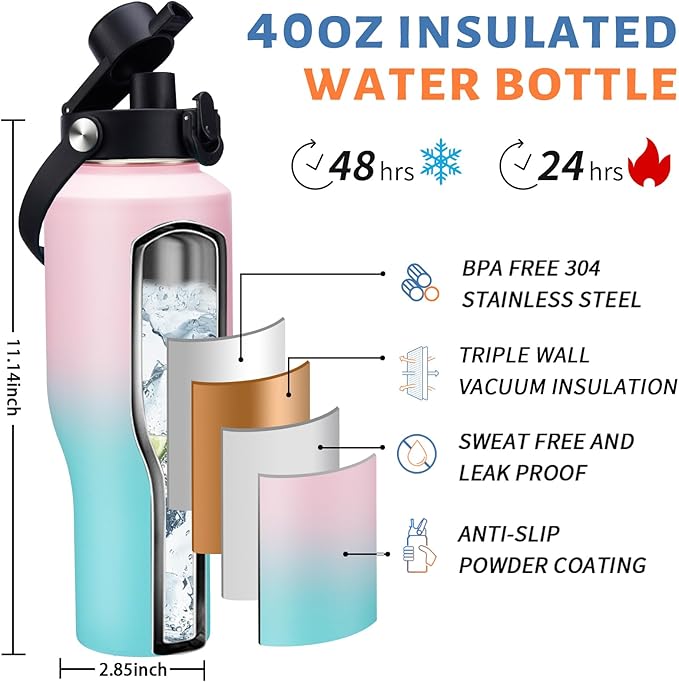 40oz Stainless Steel Water Bottles - Leak-Proof Insulated Tumblers with Straw Keep Cold 48H & Hot 24H, Vacuum Metal Coffee Mug Tumbler 40oz Water Bottle That Fits In Car Cup Holder