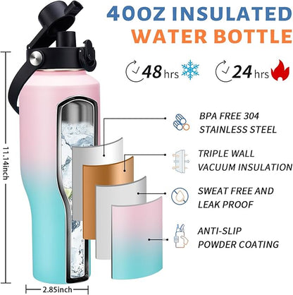 40oz Stainless Steel Water Bottles - Leak-Proof Insulated Tumblers with Straw Keep Cold 48H & Hot 24H, Vacuum Metal Coffee Mug Tumbler 40oz Water Bottle That Fits In Car Cup Holder