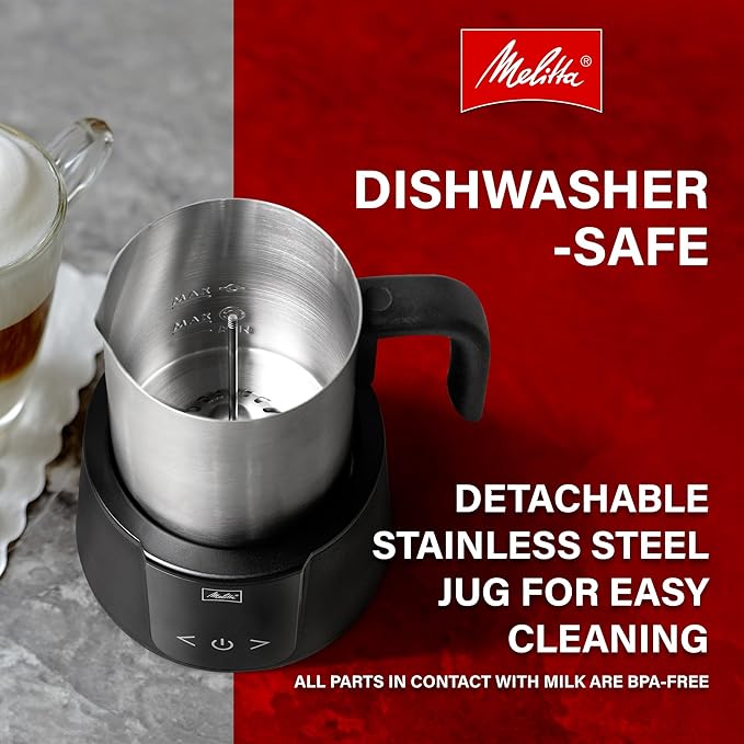 Melitta Montalatte Milk Frother | Hot & Cold Nano Foam Frother | Vegan Milk Warmer | Velvet Hot Chocolate Maker | Auto Switch | Stainless Steel Steamer with Unique Chocolate Blending Disk
