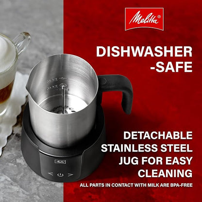 Melitta Montalatte Milk Frother | Hot & Cold Nano Foam Frother | Vegan Milk Warmer | Velvet Hot Chocolate Maker | Auto Switch | Stainless Steel Steamer with Unique Chocolate Blending Disk