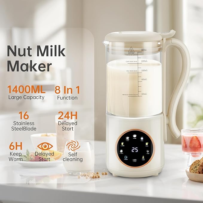 48 oz Nut Milk Maker Machine with 16 Blades, 8 in 1 Automatic Homemade Almond, Oat, Soy, Plant-Based Milk and Dairy Free Beverages, Almond Maker, Self-cleaning, Keep Warm/24-Hour Delay