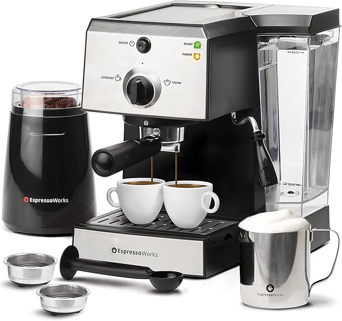 EspressoWorks All-In-One Espresso Machine with 7-Piece Set - Latte Maker Includes Grinder, Cups, Spoon and Tamper - Coffee Gifts (Stainless Steel)