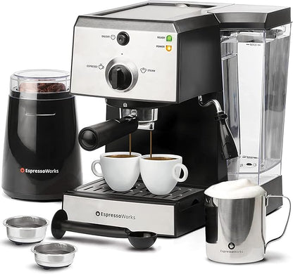 EspressoWorks All-In-One Espresso Machine with 7-Piece Set - Latte Maker Includes Grinder, Cups, Spoon and Tamper - Coffee Gifts (Stainless Steel)