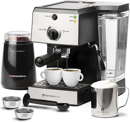 EspressoWorks All-In-One Espresso Machine with 7-Piece Set - Latte Maker Includes Grinder, Cups, Spoon and Tamper - Coffee Gifts (Stainless Steel)