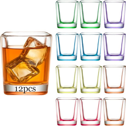 Ruckae 12 Pack 2 OZ Shot Glasses Set Gradient Colorful Shot Glasses Bulk with Heavy Base Square Glass Shot Cups for Vodka Tequila Whiskey Liquor