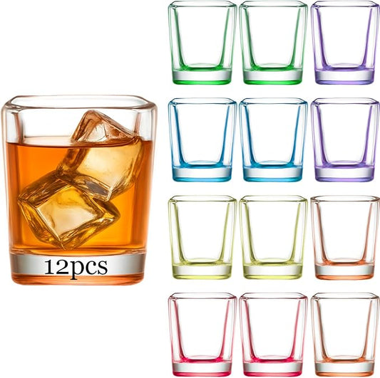 Ruckae 12 Pack 2 OZ Shot Glasses Set Gradient Colorful Shot Glasses Bulk with Heavy Base Square Glass Shot Cups for Vodka Tequila Whiskey Liquor