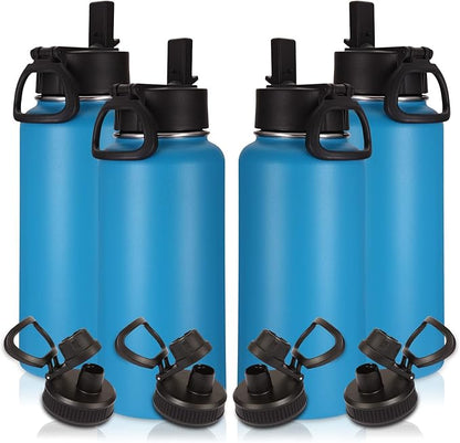 Volhoply 32 oz Insulated Water Bottles Bulk 4 Pack with Straw Lid & Spout Lid,Stainless Steel Sports Water Bottle,Double Wall Vacuum Cups,Leakproof Wide Mouth Metal Flask for Hiking,Camping(Blue,4)