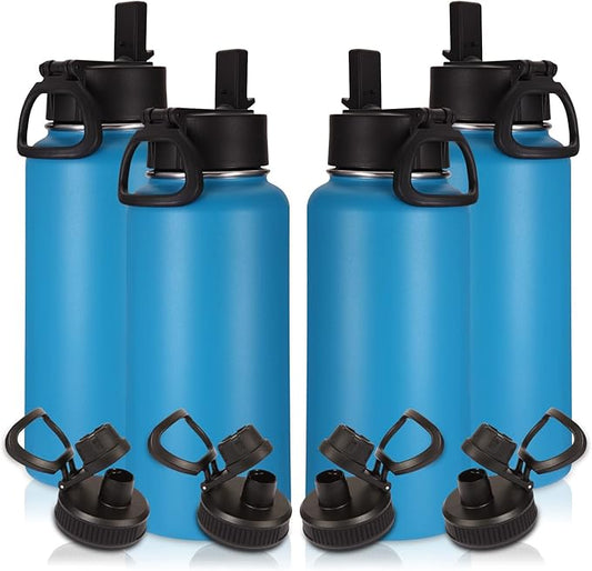 Volhoply 32 oz Insulated Water Bottles Bulk 4 Pack with Straw Lid & Spout Lid,Stainless Steel Sports Water Bottle,Double Wall Vacuum Cups,Leakproof Wide Mouth Metal Flask for Hiking,Camping(Blue,4)