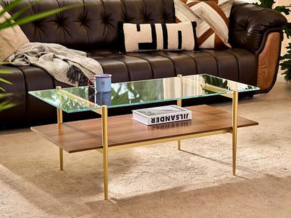 Shrine Rectangle Coffee Table, Mid-Century Modern Design, 2-Tier Structure, Clear Glass Top and Walnut MDF Shelf, 41" D x 21" W x 17" H, Sleek Conical Metal Legs with Gold Finish