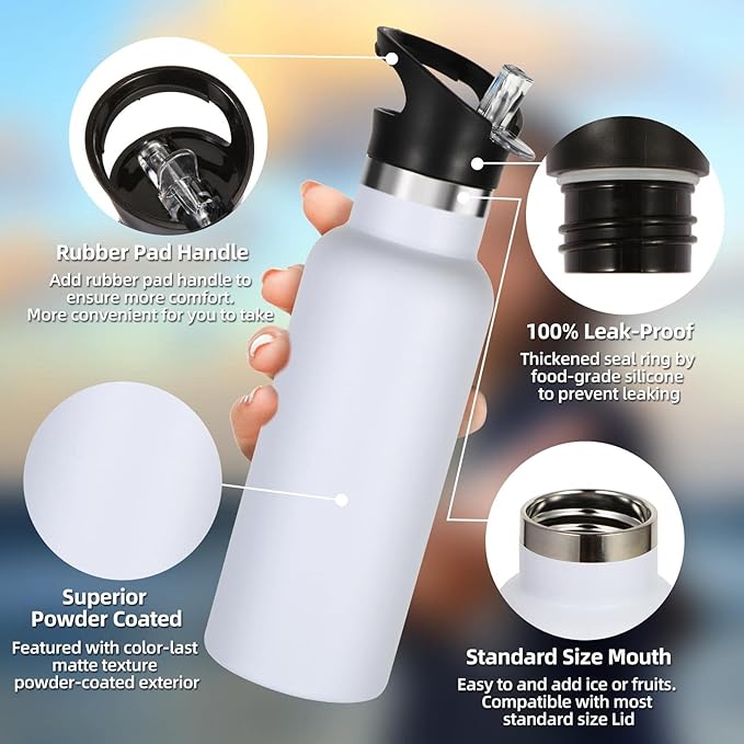 Volhoply 17oz Insulated Water Bottle Bulk 2 Pack,Stainless Steel Kids Water Bottles with Straw Lid,Reusable Metal Cups Water Bottle,Double Wall Vacuum Sports School Flask Keep Cold (White,2 Set)