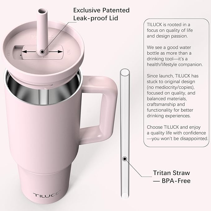 TILUCK 40 oz Tumbler with Handle, Vacuum Insulated Stainless Steel Travel Mug with 100% Leak-Proof Silicone Straw Lid, Cupholder Friendly Water Bottle(LightPink, 40oz)