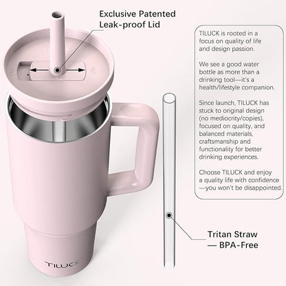 TILUCK 40 oz Tumbler with Handle, Vacuum Insulated Stainless Steel Travel Mug with 100% Leak-Proof Silicone Straw Lid, Cupholder Friendly Water Bottle(LightPink, 40oz)