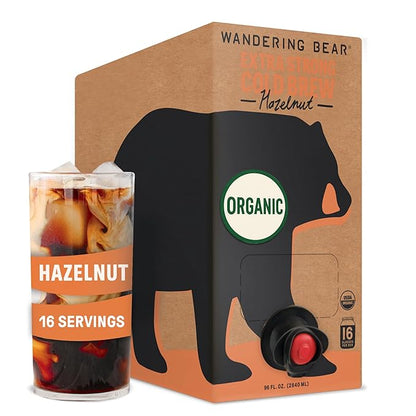 Wandering Bear Organic Hazelnut Cold Brew Coffee On Tap, Iced Coffee Drink -Extra Strong, Smooth, No Sugar Added, Shelf-Stable, Ready to Drink,Gluten Free & Vegan Decaf -16 Servings of 6fl.oz -96fl.oz