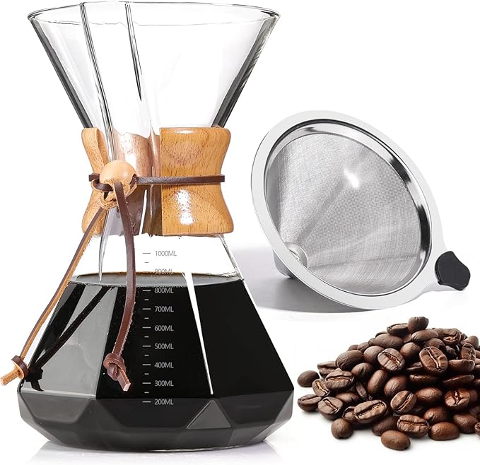 Pour Over Coffee Maker 34 OZ, 10 Cup Borosilicate Glass Drip Coffee Maker with Reusable Stainless Steel Filter and Cork Grip for Home Café 1000 ML (Diamond Shape)